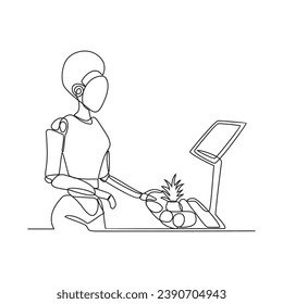 Un dibujo de línea continua del robot como cajero en una ilustración vectorial de un supermercado. Tecnología para la ilustración económica concepto simple de vector de estilo lineal. Diseño de robots adecuado para su activo.