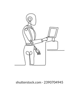 One continuous line drawing of robot as a cashier in a supermarket vector illustration. Technology for economic illustration simple linear style vector concept. Robot design suitable for your asset.