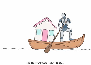 One continuous line drawing of robot sailing away on boat with house miniature. Online search for housing on internet. Smart genius intelligence . Single line draw design graphic vector illustration
