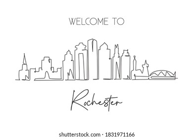 One continuous line drawing of Rochester city skyline, Minnesota. Beautiful landmark. World landscape tourism travel home wall decor poster print. Stylish single line draw design vector illustration