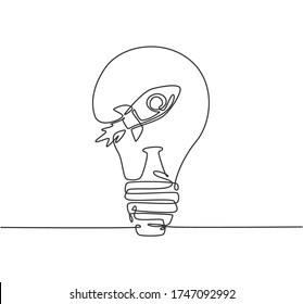 One Continuous Line Drawing Of Rocket Launch Inside Clean Lightbulb Logo Emblem. Company Cosmos Technology Logotype Icon Template Concept. Modern Single Line Draw Graphic Design Vector Illustration