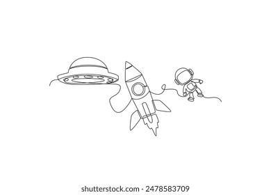 One continuous line drawing of Rocket space ship launch into universe. Outer space and astronaut minimalist universe concept. Dynamic single line draw design vector graphic illustration