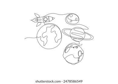 One continuous line drawing of rocket passing between planets in space. Outer space and astronaut minimalist universe concept. Dynamic single line draw design vector graphic illustration