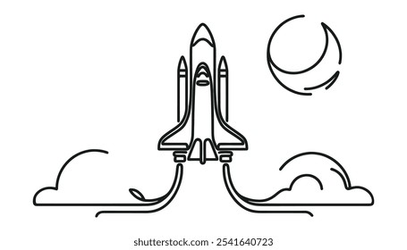 Um desenho de linha contínua do lançamento da nave espacial Rocket.