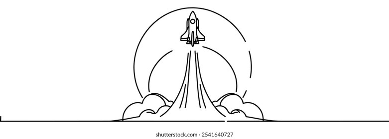One continuous line drawing of Rocket space ship launch.