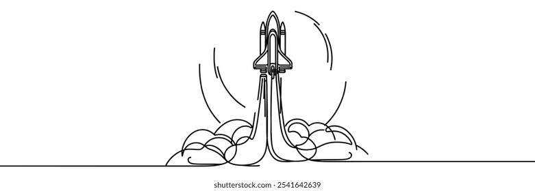 One continuous line drawing of Rocket space ship launch.