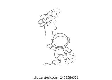One continuous line drawing of rockets and astronauts in space. Outer space and astronaut minimalist universe concept. Dynamic single line draw design vector graphic illustration