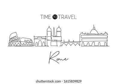 One continuous line drawing of Rome city skyline, Italy. Beautiful Roma skyscraper. World landscape tourism travel vacation wall decor poster print. Stylish single line draw design vector illustration