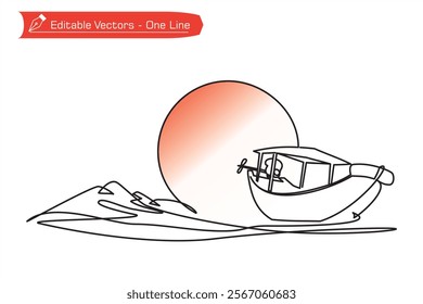 One continuous line drawing of a roofed boat on the beach with mountains, orange sun or moon background. Vector illustration of one line drawing of beach scenery, boat, mountains, full moon, sun.