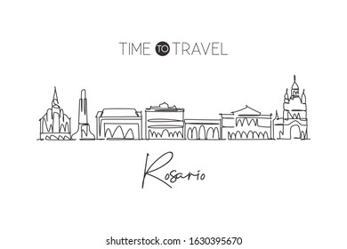 One continuous line drawing Rosario city skyline, Argentina. Beautiful landmark postcard. World landscape tourism travel vacation. Editable stylish stroke single line draw design vector illustration
