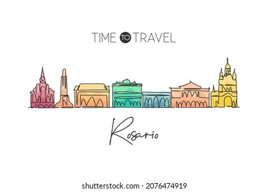 One continuous line drawing Rosario city skyline, Argentina. Beautiful landmark postcard. World landscape tourism travel vacation. Editable stylish stroke single line draw design vector illustration