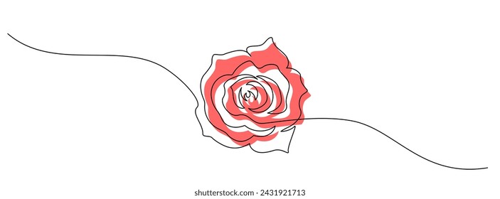 One continuous line drawing of Rose flower. Peony blossom with petals for floral tattoo in simple linear style. Plant pattern for wedding decoration in Editable stroke. Doodle vector illustration
