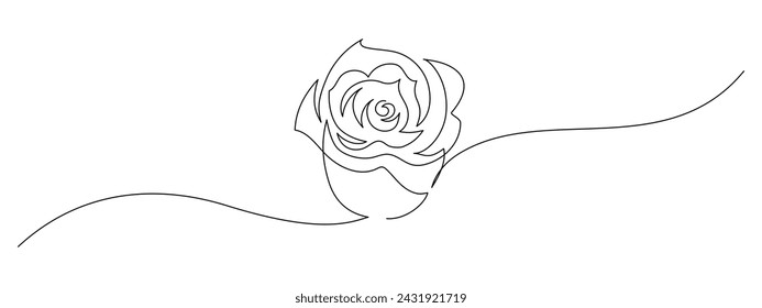 One continuous line drawing of Rose flower. Peony blossom with petals for floral tattoo in simple linear style. Plant pattern for wedding decoration in Editable stroke. Doodle vector illustration
