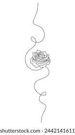 One continuous line drawing of Rose flower. Decorative peony blossom for floral tattoo in simple linear style. Plant pattern for wedding invitation in Editable stroke. Outline vector illustration