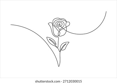 Um desenho de linha contínua de uma flor de rosa com uma folha grande
