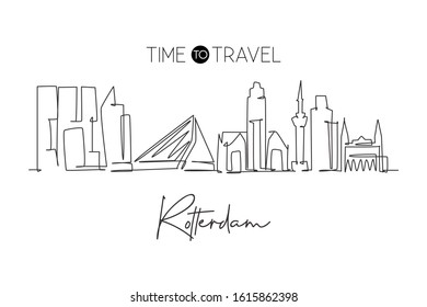 One continuous line drawing of Rotterdam city skyline, Netherlands. Beautiful skyscraper. World landscape tourism travel vacation wall decor poster. Stylish single line draw design vector illustration