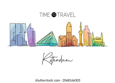 One continuous line drawing of Rotterdam city skyline, Netherlands. Beautiful skyscraper. World landscape tourism travel vacation wall decor poster. Stylish single line draw design vector illustration