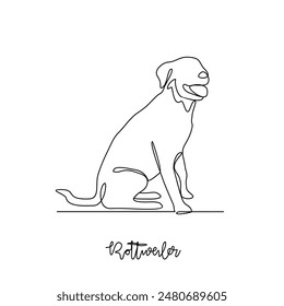 One continuous line drawing of rottweiler vector illustration. Type of Dog themes design concept with simple linear style vector. Dogs are domesticated mammals, loyalty and companionship to humans.