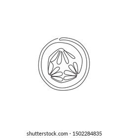 One continuous line drawing round sliced healthy organic cucumber for orchard logo identity. Fresh vegetable concept for vegan garden icon. Modern single line draw graphic design vector illustration