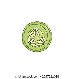 One continuous line drawing round sliced healthy organic cucumber for orchard logo identity. Fresh vegetable concept for vegan garden icon. Modern single line draw graphic design vector illustration