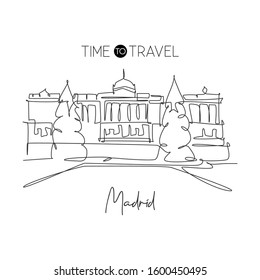 One continuous line drawing Royal Palace of Madrid landmark. Historical Palacio Real de Madrid in Spain. Holiday vacation wall decor poster concept. Modern single line draw design vector illustration