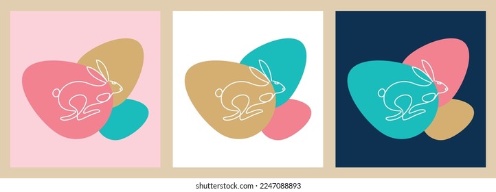 One continuous line drawing of a running bunny against a background of colorful Easter eggs