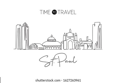 One continuous line drawing Saint Paul city skyline, Minnesota. Beautiful landmark. World landscape tourism travel vacation poster. Editable stylish stroke single line draw design vector illustration