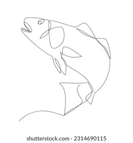 One continuous line drawing of salmon for fishing logo identity. vector illustration