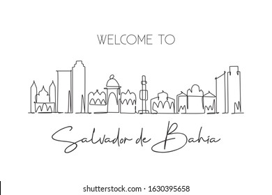 One continuous line drawing of Salvador de Bahia city skyline, Brazil. Beautiful landmark wall decor poster print. World landscape tourism travel. Stylish single line draw design vector illustration