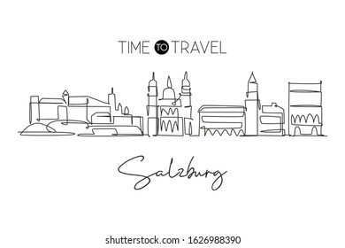 One continuous line drawing of Salzburg city skyline, Austria. Beautiful landmark. World landscape tourism and travel vacation. Editable stylish art stroke single line draw design vector illustration