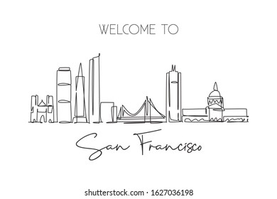 One continuous line drawing San Francisco city skyline, United States of America. Beautiful landmark. World tourism travel vacation poster. Editable stroke single line draw design vector illustration