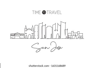 One continuous line drawing San Jose city skyline, Costa Rica. Beautiful landmark home decor poster print. World landscape tourism travel vacation. Stylish single line draw design vector illustration
