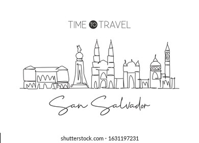 One continuous line drawing San Salvador city skyline, El Salvador. Beautiful landmark postcard. World landscape tourism travel vacation. Editable stroke single line draw design vector illustration
