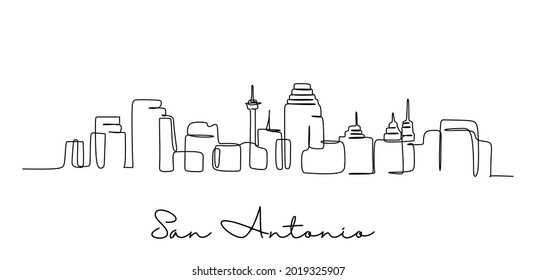 One continuous line drawing of San Antonio city skyline, USA. Beautiful landmark. World landscape tourism travel vacation poster. Editable stylish stroke single line draw design vector illustration