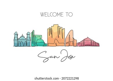 One continuous line drawing San Jose city skyline, California. Beautiful landmark. World tourism travel vacation home wall decor poster print art. Stylish single line draw design vector illustration