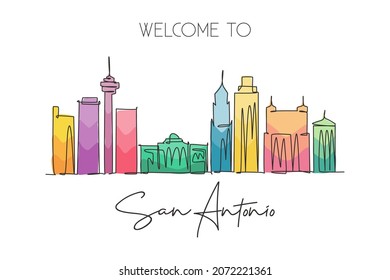 One continuous line drawing of San Antonio city skyline, USA. Beautiful landmark. World landscape tourism travel vacation poster. Editable stylish stroke single line draw design vector illustration