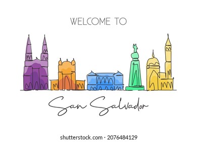 One continuous line drawing San Salvador city skyline, El Salvador. Beautiful landmark postcard. World landscape tourism travel vacation. Editable stroke single line draw design vector illustration