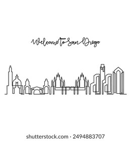 One continuous line drawing of San Diego skyline vector illustration. Modern city in USA in simple linear style vector design concept. Big city in USA. Iconic architectural skyline building design.