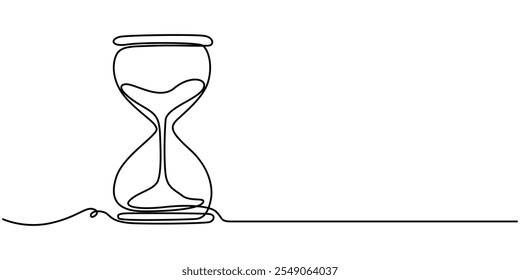 One continuous line drawing of sand hourglass. Vintage timer as Countdown concept in simple linear style. Doodle vector illustration, One line continuous hourglass. Line art hourglass outline.
