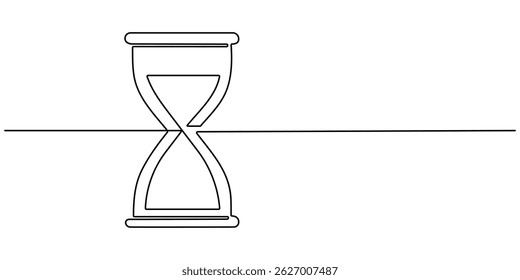 One continuous line drawing of sand hourglass. Vintage timer as Countdown concept. Doodle vector illustration. One line continuous hourglass . Isolated on white background.
