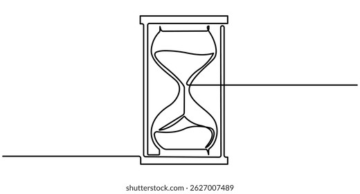One continuous line drawing of sand hourglass. Vintage timer as Countdown concept. Doodle vector illustration. One line continuous hourglass . Isolated on white background.