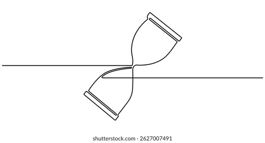 One continuous line drawing of sand hourglass. Vintage timer as Countdown concept. Doodle vector illustration. One line continuous hourglass . Isolated on white background.