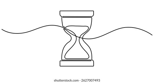 One continuous line drawing of sand hourglass. Vintage timer as Countdown concept. Doodle vector illustration. One line continuous hourglass . Isolated on white background.