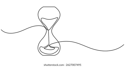 One continuous line drawing of sand hourglass. Vintage timer as Countdown concept. Doodle vector illustration. One line continuous hourglass . Isolated on white background.