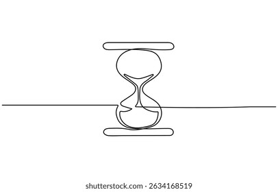 One continuous line drawing of sand hourglass. Vintage timer as Countdown concept, One line continuous hourglass . Isolated on white background.