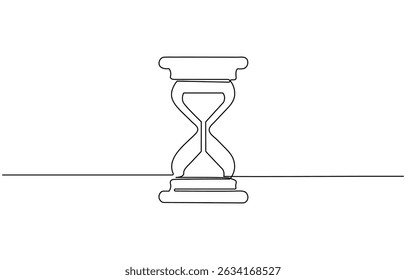 One continuous line drawing of sand hourglass. Vintage timer as Countdown concept, One line continuous hourglass . Isolated on white background.