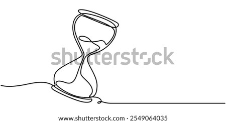 One continuous line drawing of sand hourglass. Vintage timer as Countdown concept in simple linear style. Doodle vector illustration, One line continuous hourglass. Line art hourglass outline.