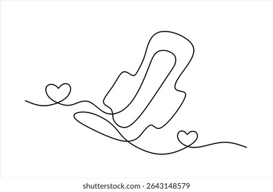 Um desenho de linha contínua de absorvente e almofada. Ciclo menstrual e conceito de calendário menstrual em estilo linear simples. Absorvente higiênico em AVC editável.  Vetor de uma linha desenhado à mão.