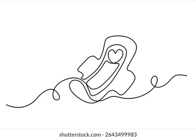 Um desenho de linha contínua de absorvente e almofada. Ciclo menstrual e conceito de calendário menstrual em estilo linear simples. Absorvente higiênico em AVC editável.  Vetor de uma linha desenhado à mão.