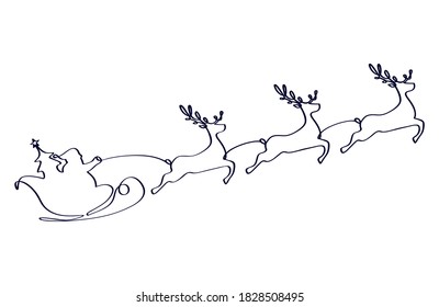One continuous line drawing Santa Claus on reindeer and sled. concept for Christmas and New Year. vector illustration
